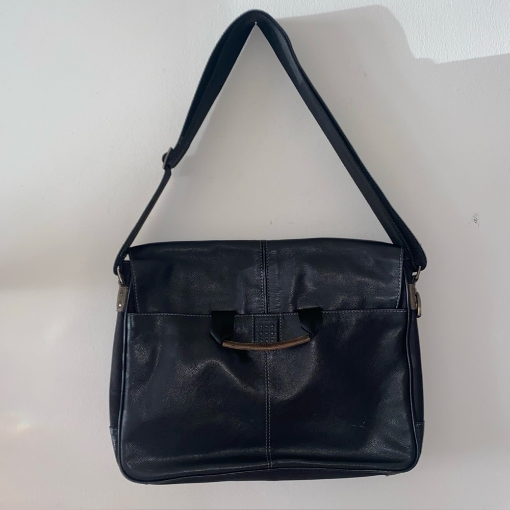 Boconi black leather and canvas slim messenger laptop bag Shoulder Bag